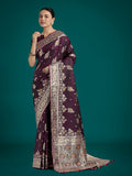 Dark Wine Banarasi Satin Silk Saree with Zari woven design