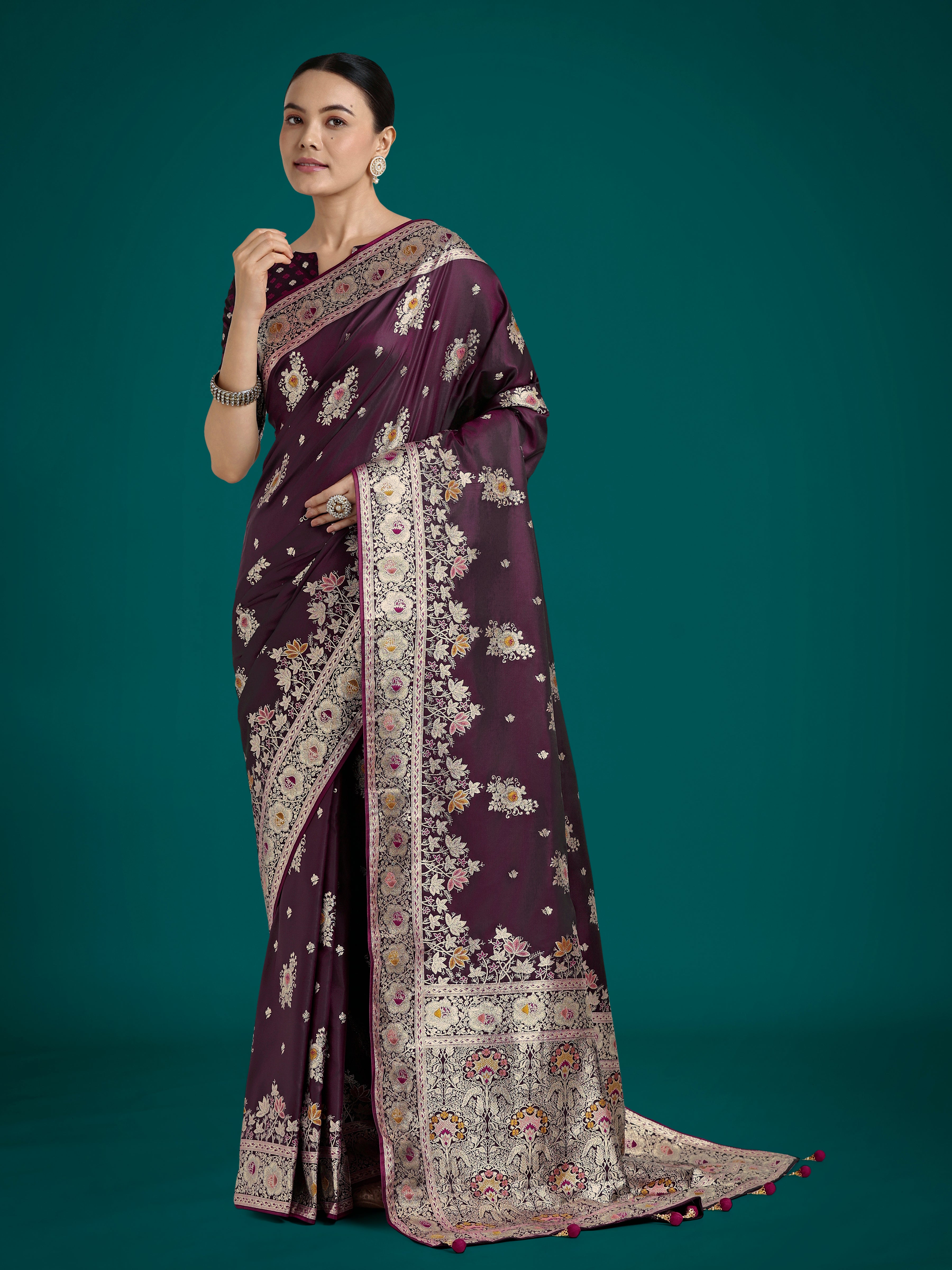 Dark Wine Banarasi Satin Silk Saree with Zari woven design