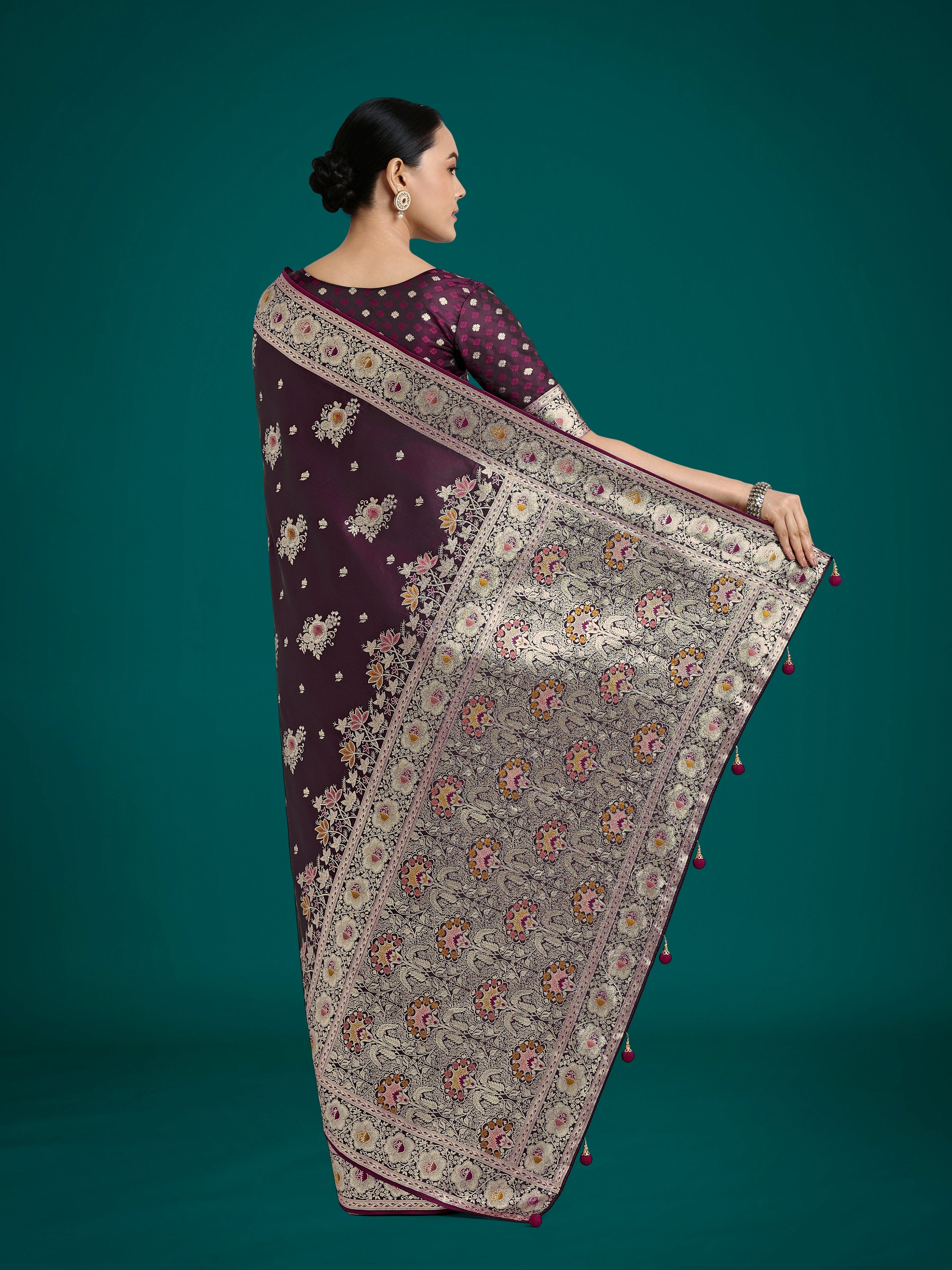 Dark Wine Zari Woven Banarasi Satin Silk Saree