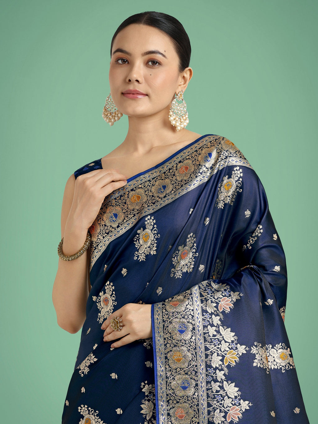 Monjolika Fashion Dark blue Glamour and Tradition With This Zari Woven Banarasi Satin Silk Saree
