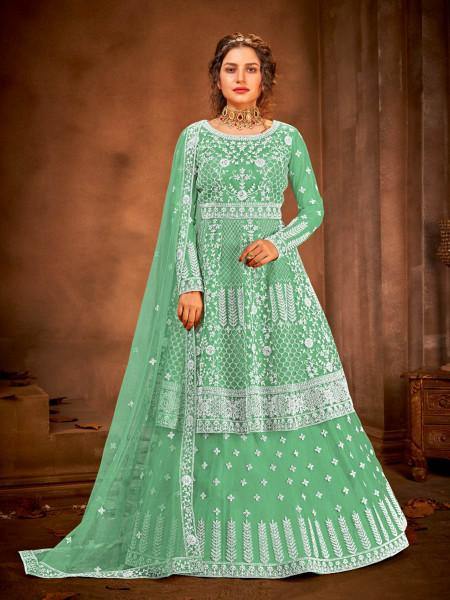 Sea Green butterfly net Gharara suit with heavy Zari, Dori, and stone embroidery detailing