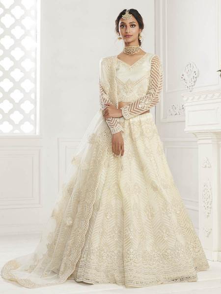 Off White Net Bridal Lehenga with heavy Zari, Thread, and Stone embroidery detail