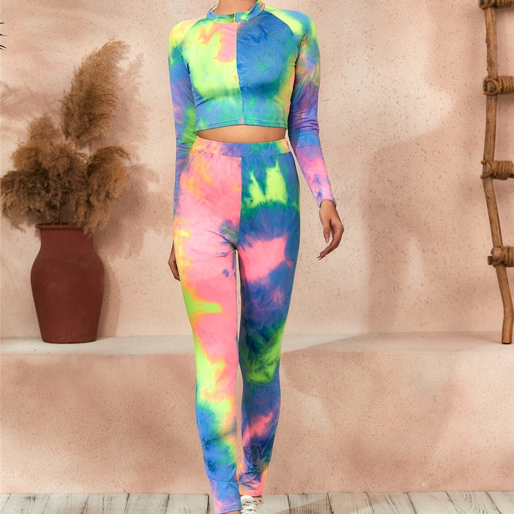 New Style European And American Women's Fashion Tie-Dye Printing Casual Long-Sleeved Trouser Suit 13281