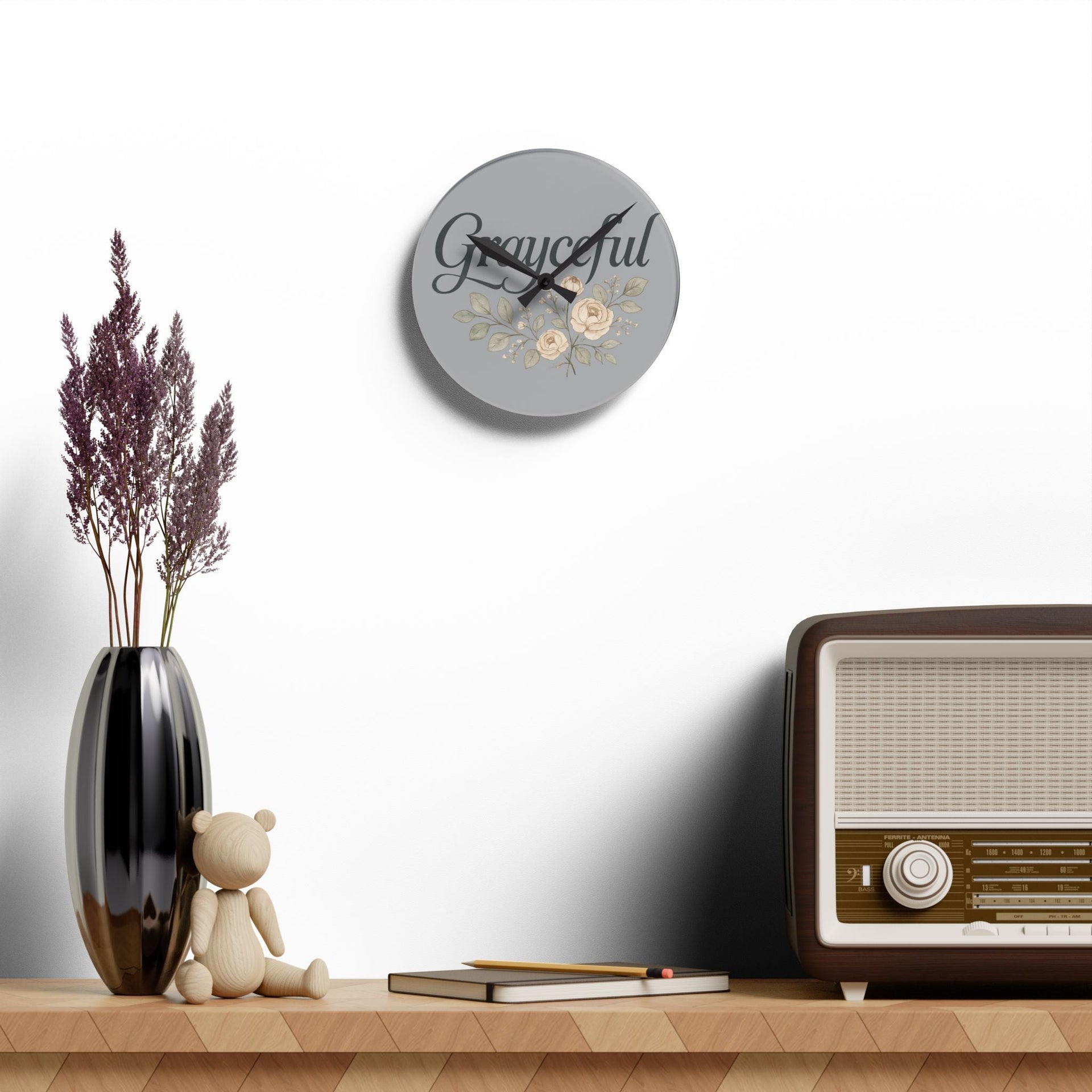 Gray Floral Acrylic Wall Clock, Grateful Home Decor, Modern Wall Art, Gift for Her, Office or Living Room