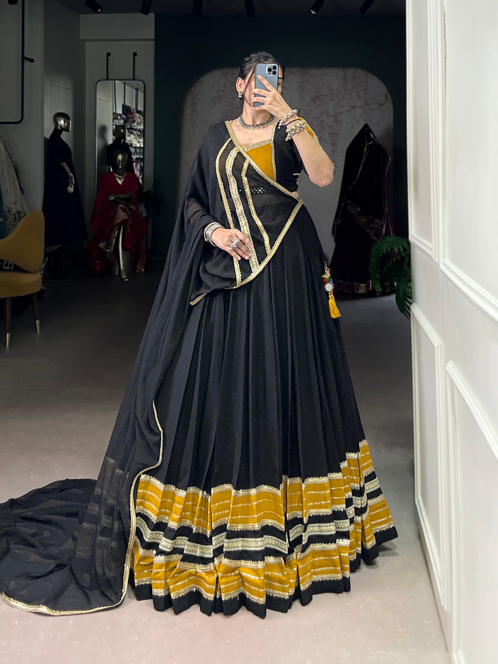 Black pure rayon lehenga choli with sequins and Gota Patti festive detailing