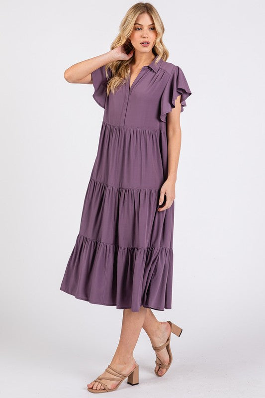 Ruffle Sleeve Collared V Neck Tiered Midi Dress