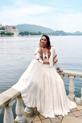 White pure rayon lehenga choli with frill detailing and matching Koti jacket