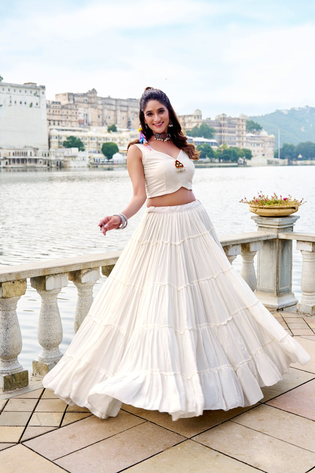 White Pure Rayon Plain Frill Lehenga Choli with Koti