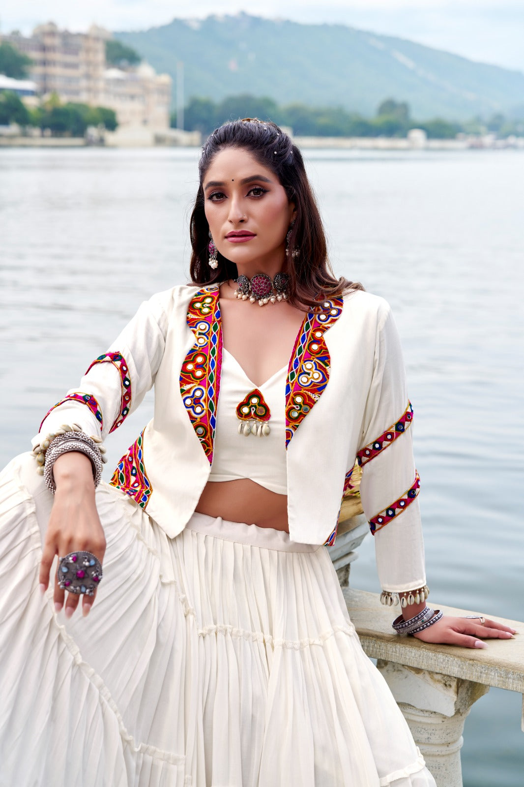 White Pure Rayon Plain Frill Lehenga Choli with Koti