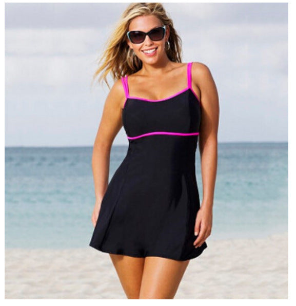 Sporty A-line swim dress in black with hot pink trim and scoop neckline for women