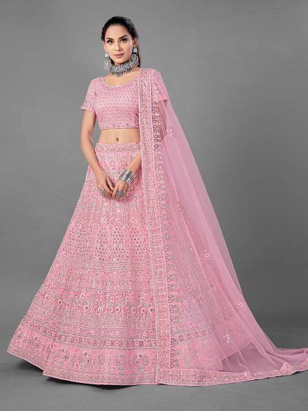 Pink bridal lehenga with heavy Dori, Thread, and Zarkan embroidery on soft net fabric