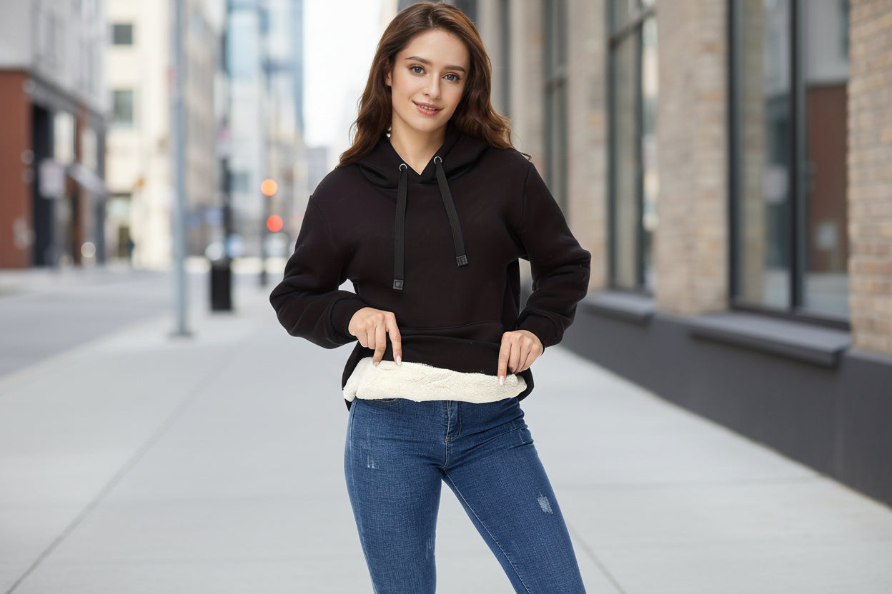 A woman wearing a black velvet-lined hoodie with a kangaroo pocket outdoors