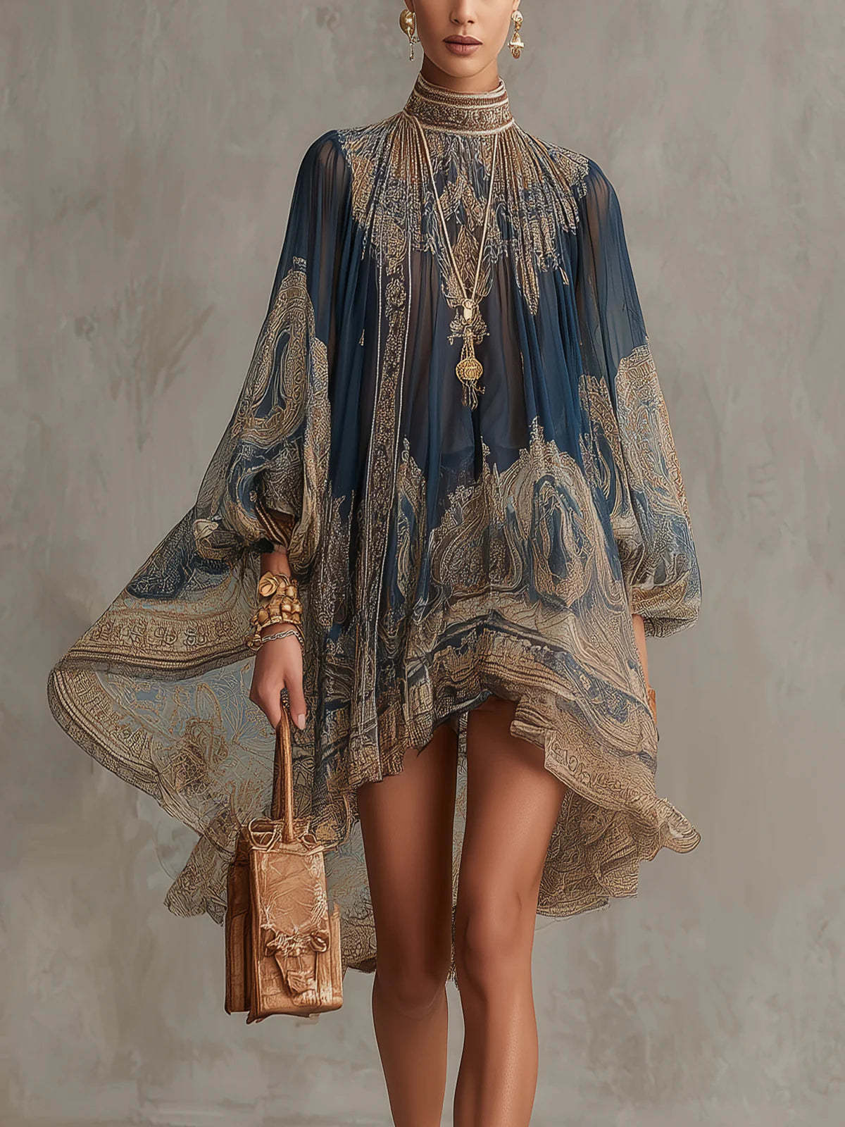 Navy Blue Printed Puff Sleeve Stand Collar Bohemian Midi Dress