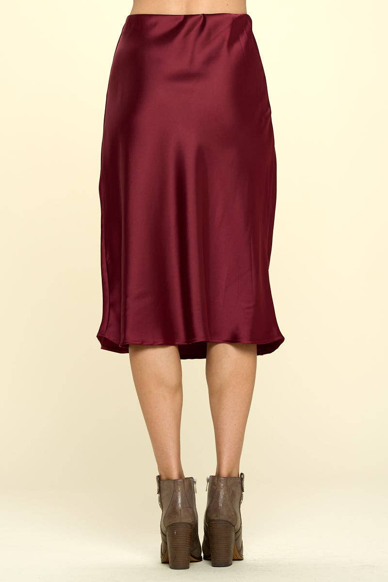 Women's Solid Satin Midi Skirt - Made in USA Burgundy Slip Skirt