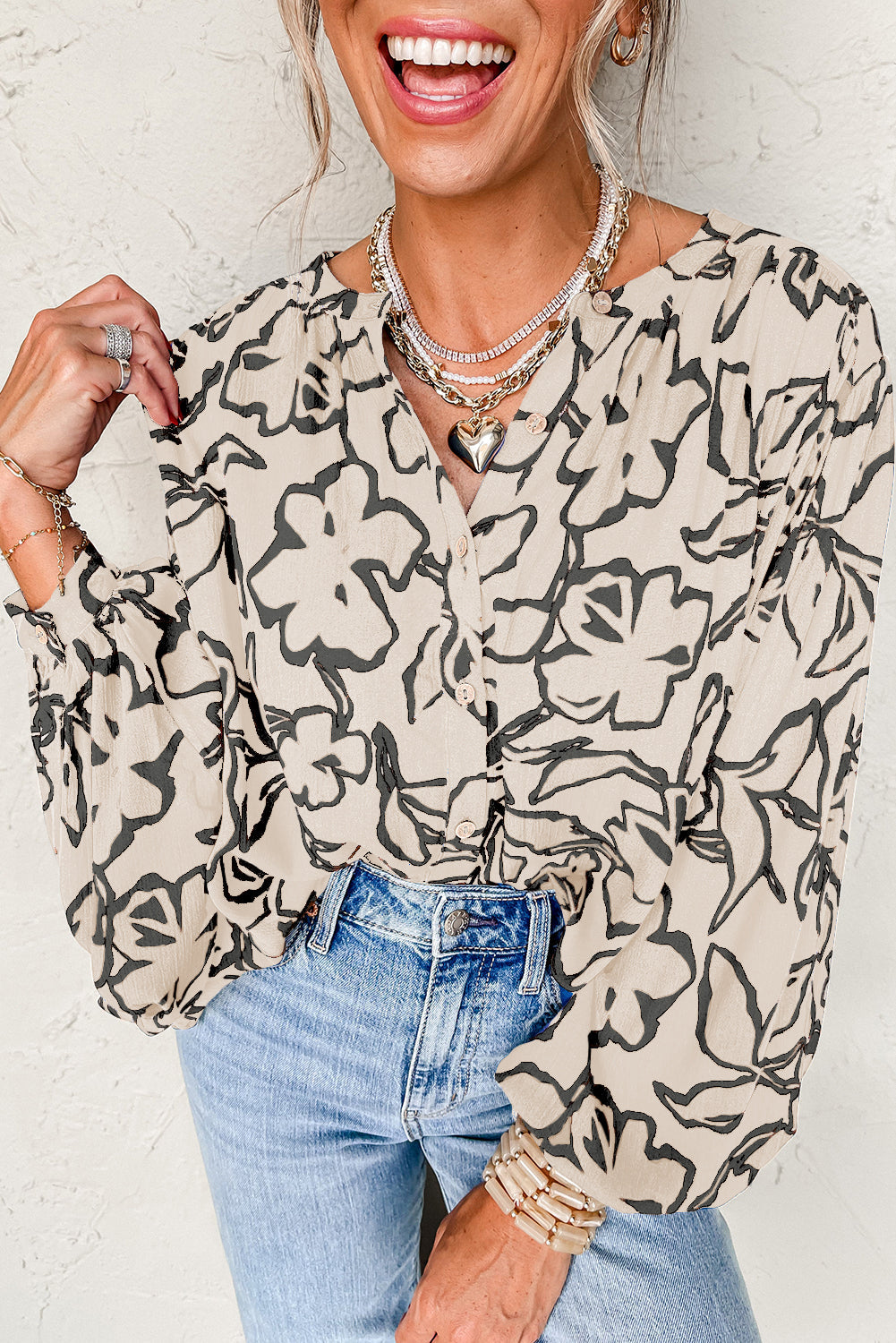 Blue Floral Print Batwing Sleeve Buttoned Shirt