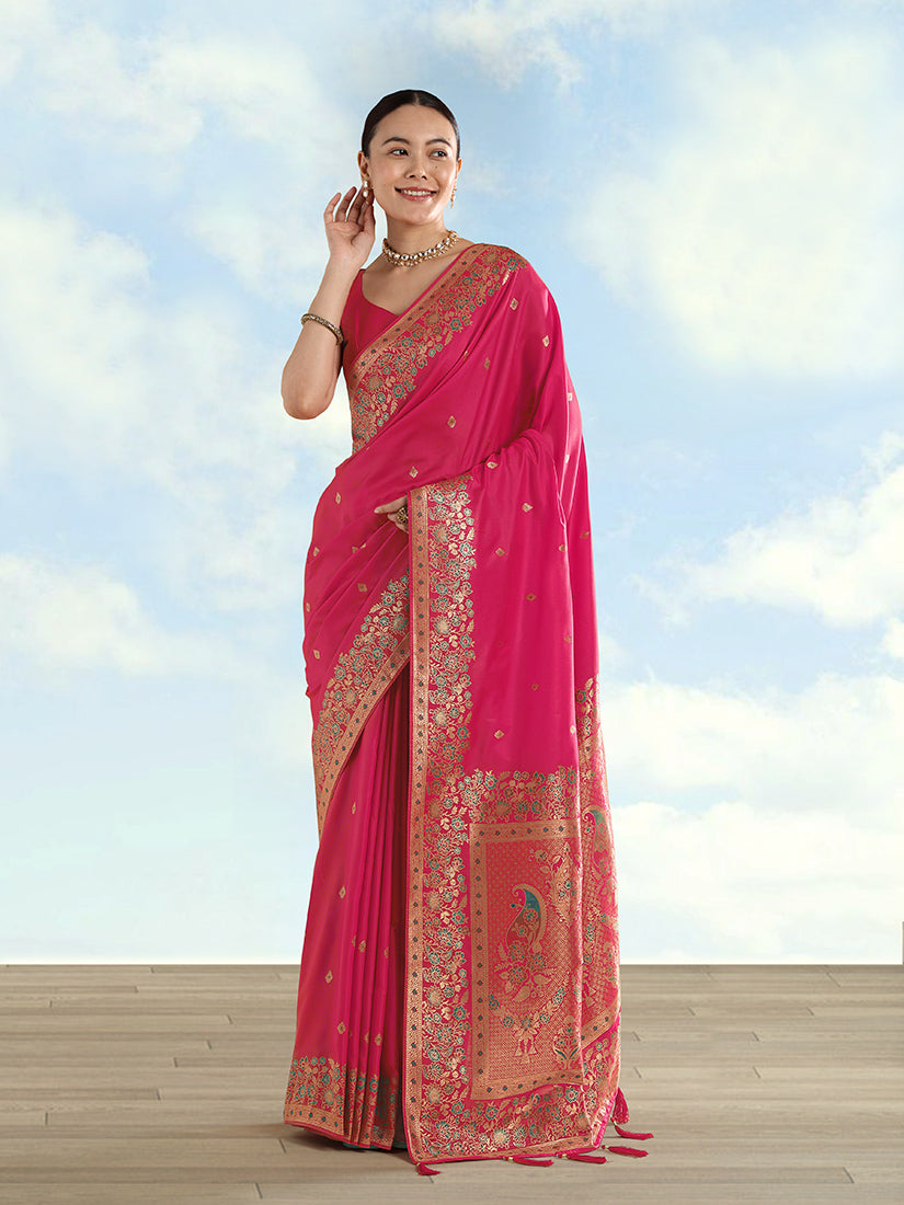 Rani pink Banarasi satin silk saree with gold Zari border and butti work