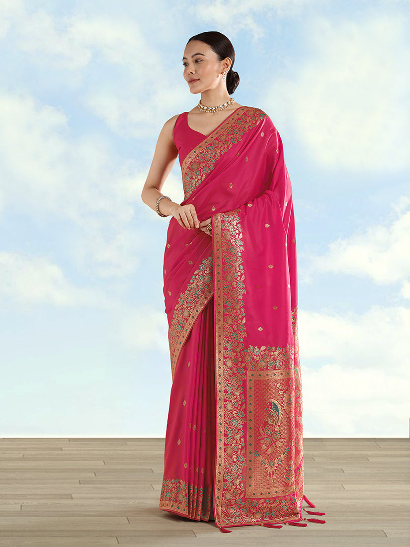 Rani Pink Banarasi Satin Silk Saree with Zari Border & Butti