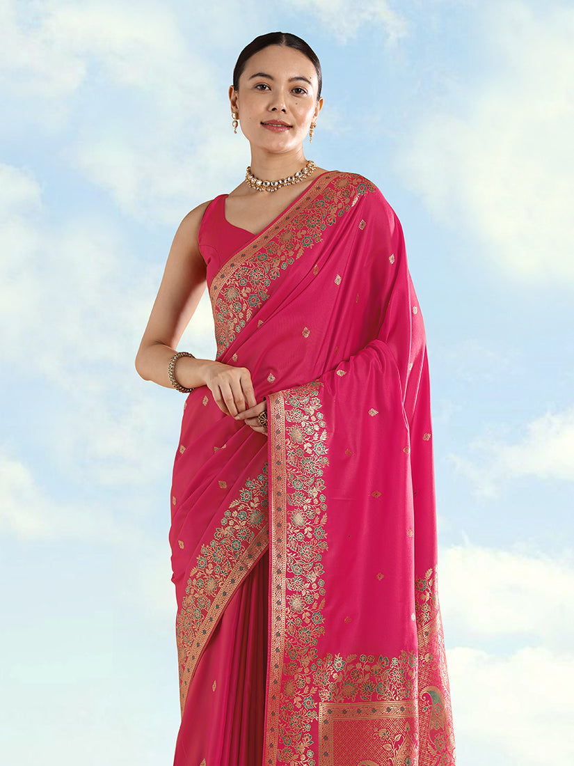 Rani Pink Banarasi Satin Silk Saree with Zari Border & Butti