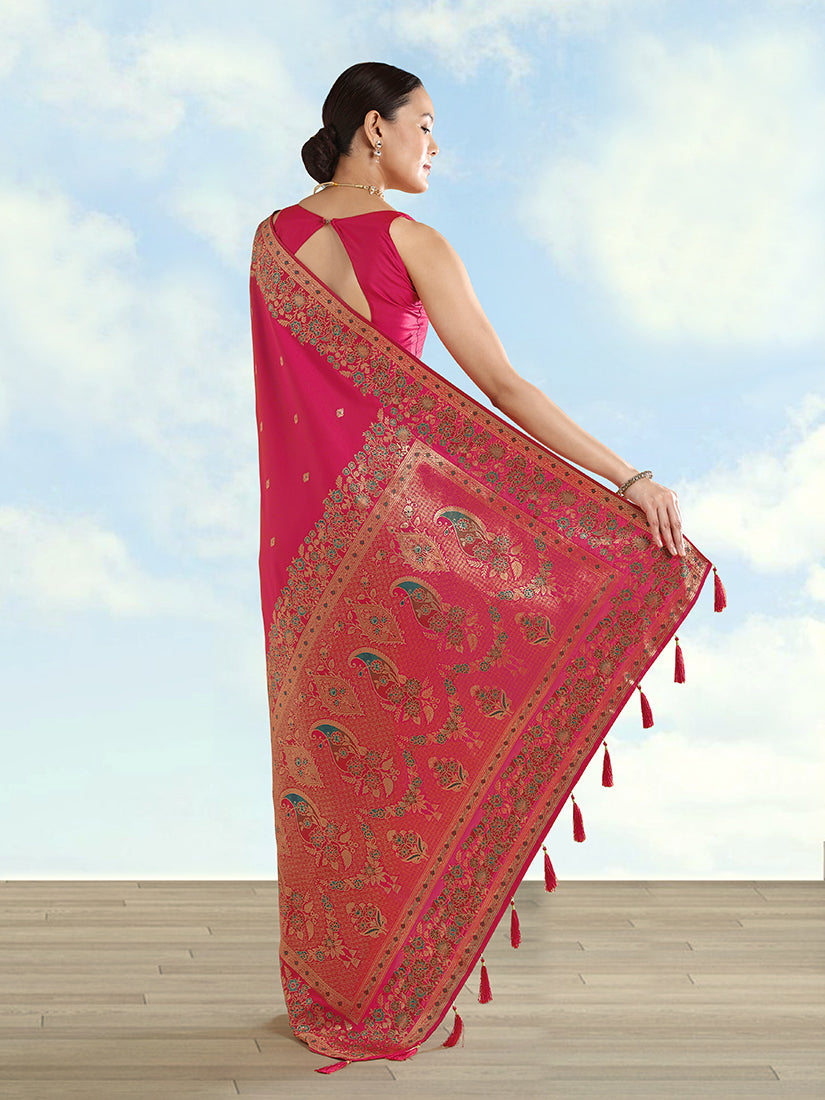 Rani Pink Banarasi Satin Silk Saree with Zari Border & Butti