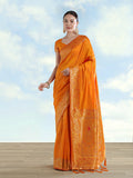 Elegant orange Banarasi satin silk saree with detailed zari border and woven butti motifs
