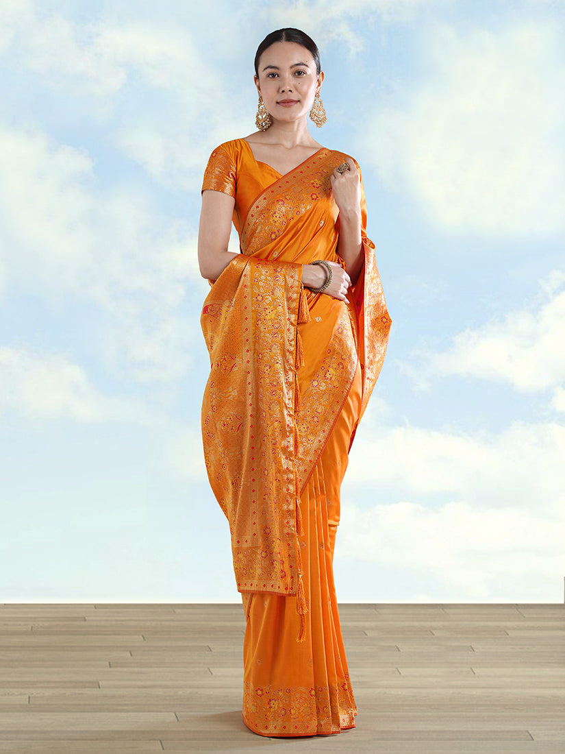 Orange Banarasi Satin Silk Saree with Zari Border and Butti Work