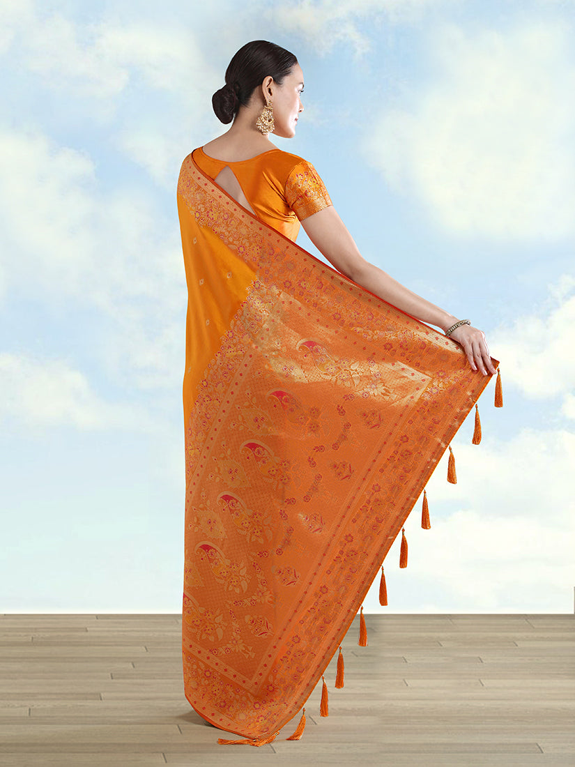 Orange Banarasi Satin Silk Saree with Zari Border and Butti Work