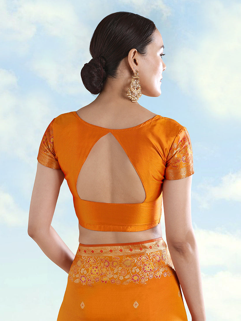 Orange Banarasi Satin Silk Saree with Zari Border and Butti Work