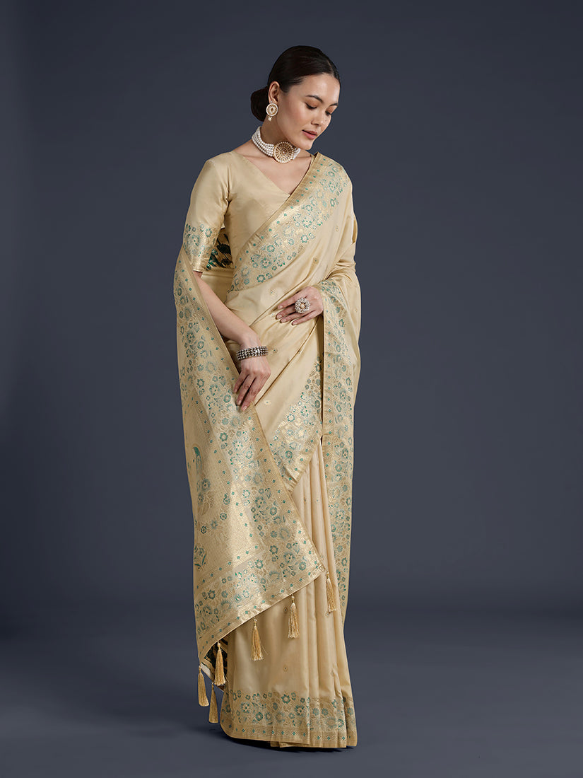 Cream Banarasi Satin Silk Saree with Zari Border and Butti Work