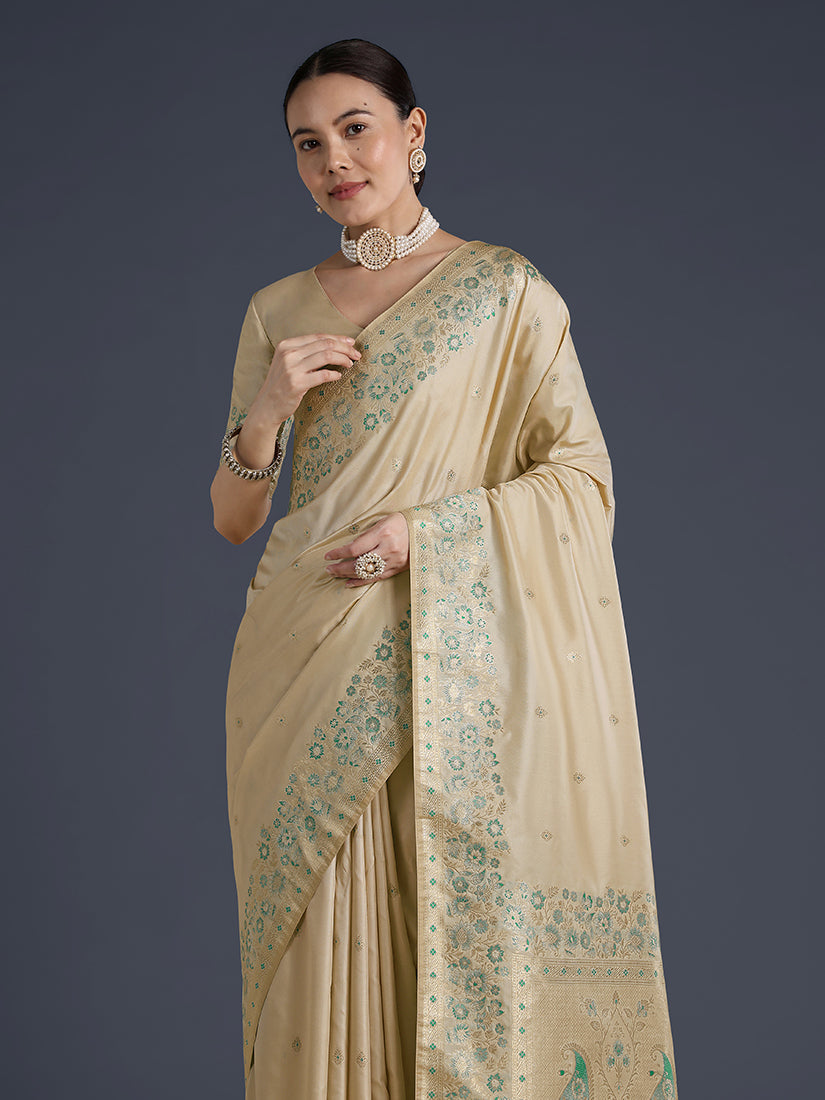Cream Banarasi Satin Silk Saree with Zari Border and Butti Work