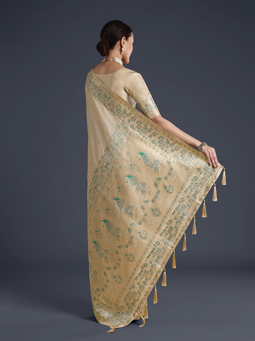 Cream Banarasi Satin Silk Saree with Zari Border and Butti Work
