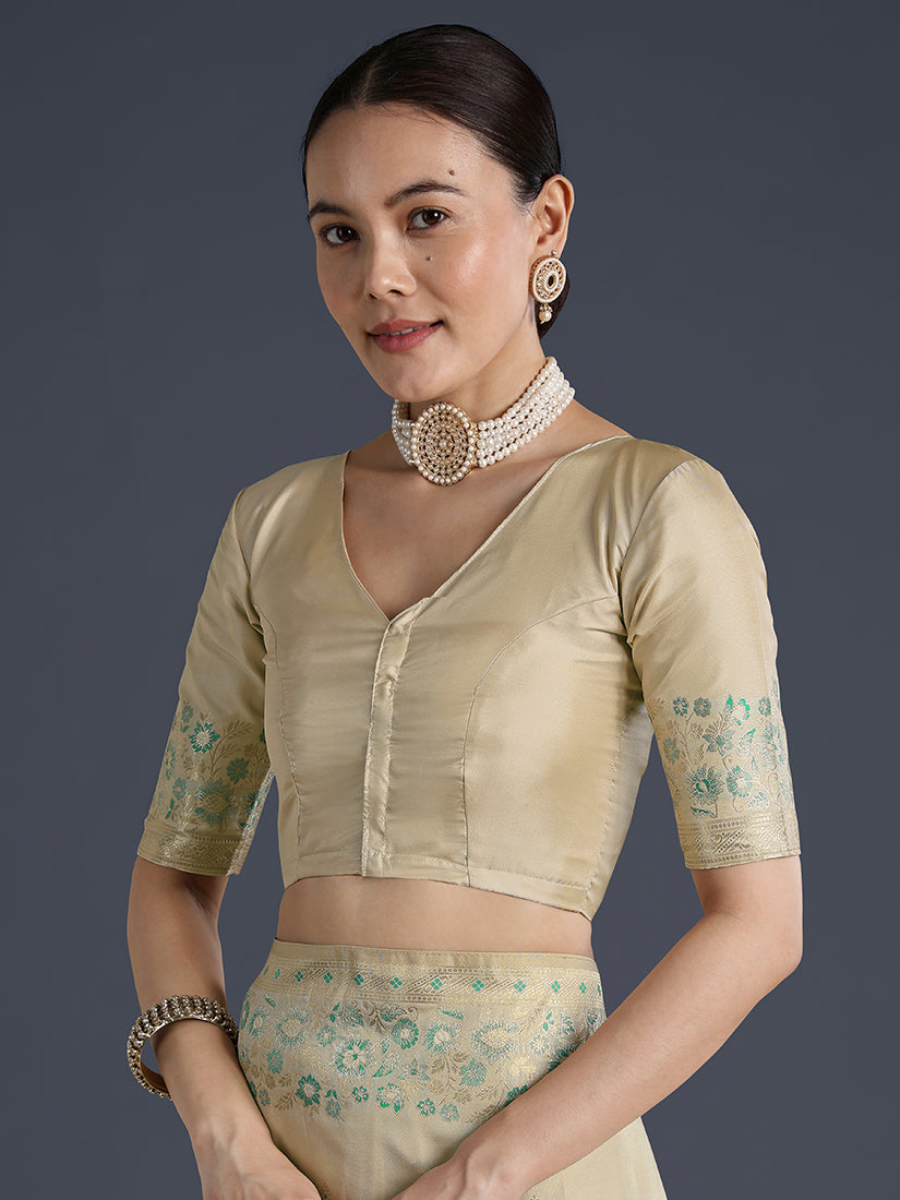 Cream Banarasi Satin Silk Saree with Zari Border and Butti Work