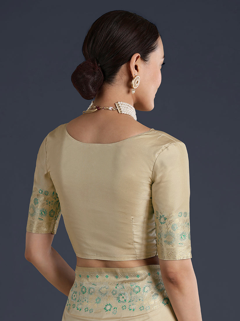 Cream Banarasi Satin Silk Saree with Zari Border and Butti Work