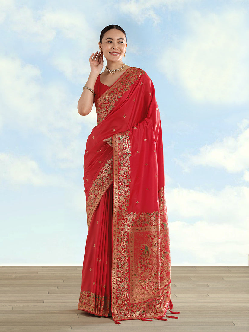 Red Banarasi Satin Silk Saree with Zari Border and Butti