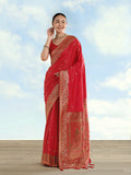 Red Banarasi Satin Silk Saree with Zari Border and Butti