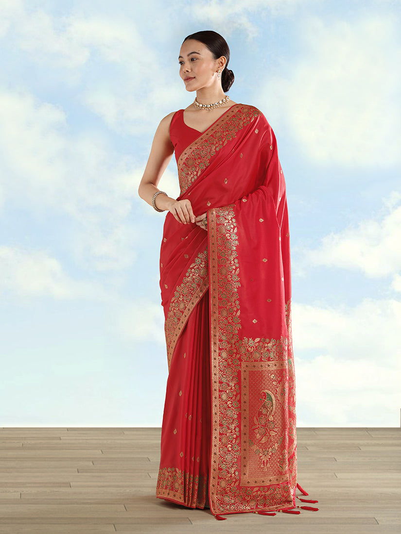 Red Banarasi Satin Silk saree with traditional zari border and butti work