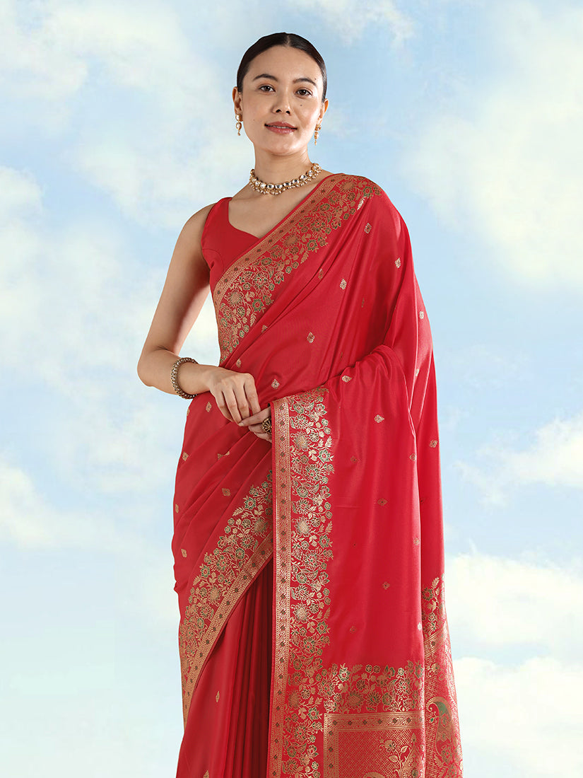 Red Banarasi Satin Silk Saree with Zari Border and Butti