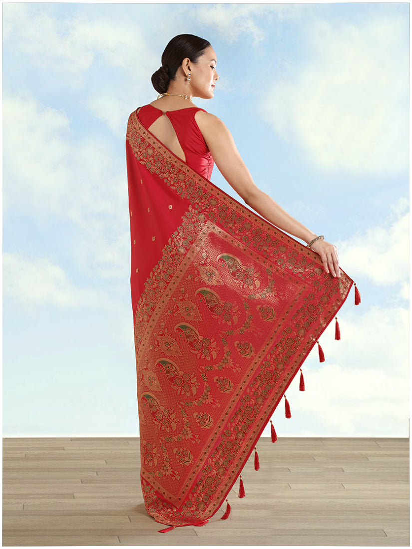 Red Banarasi Satin Silk Saree with Zari Border and Butti