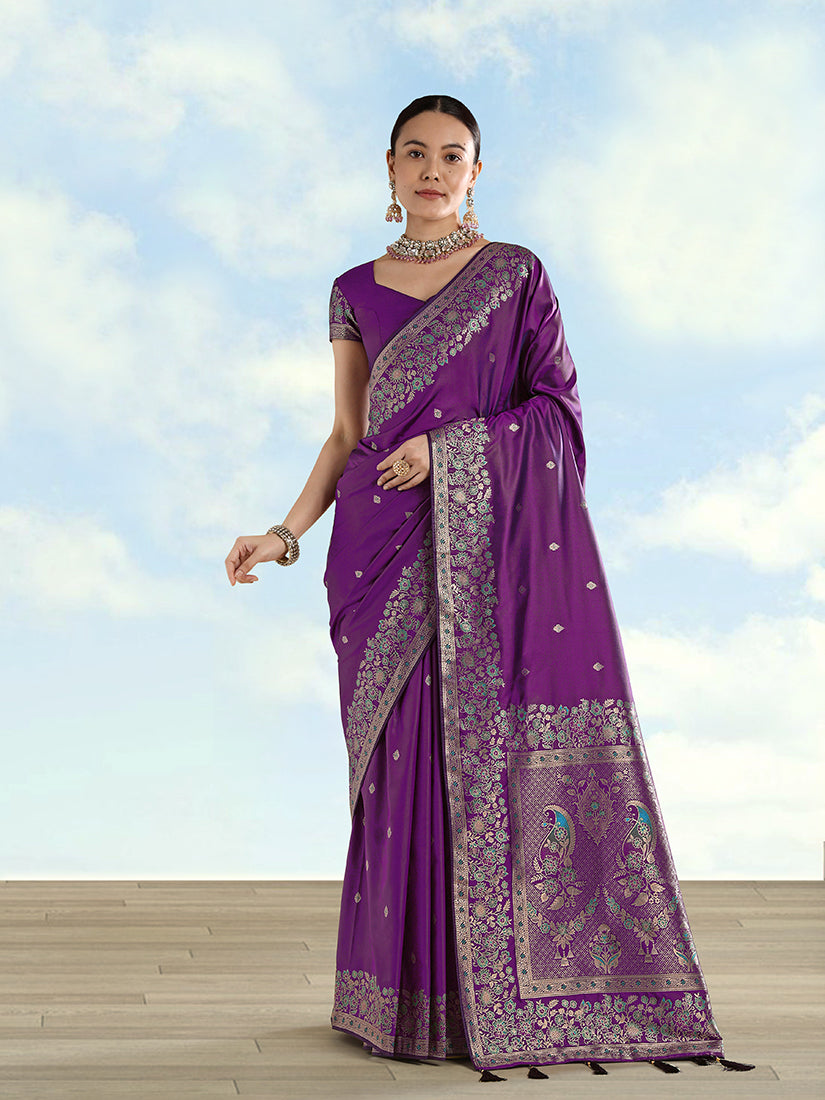 Purple Banarasi Satin Silk Saree with Zari Border and Butti Work