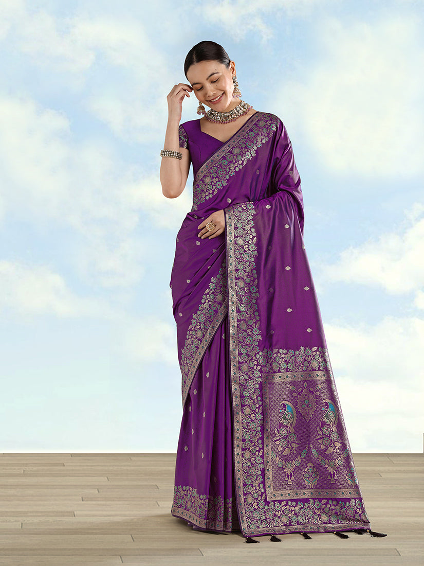 Deep purple Banarasi satin silk saree with intricate gold zari border and delicate butti work