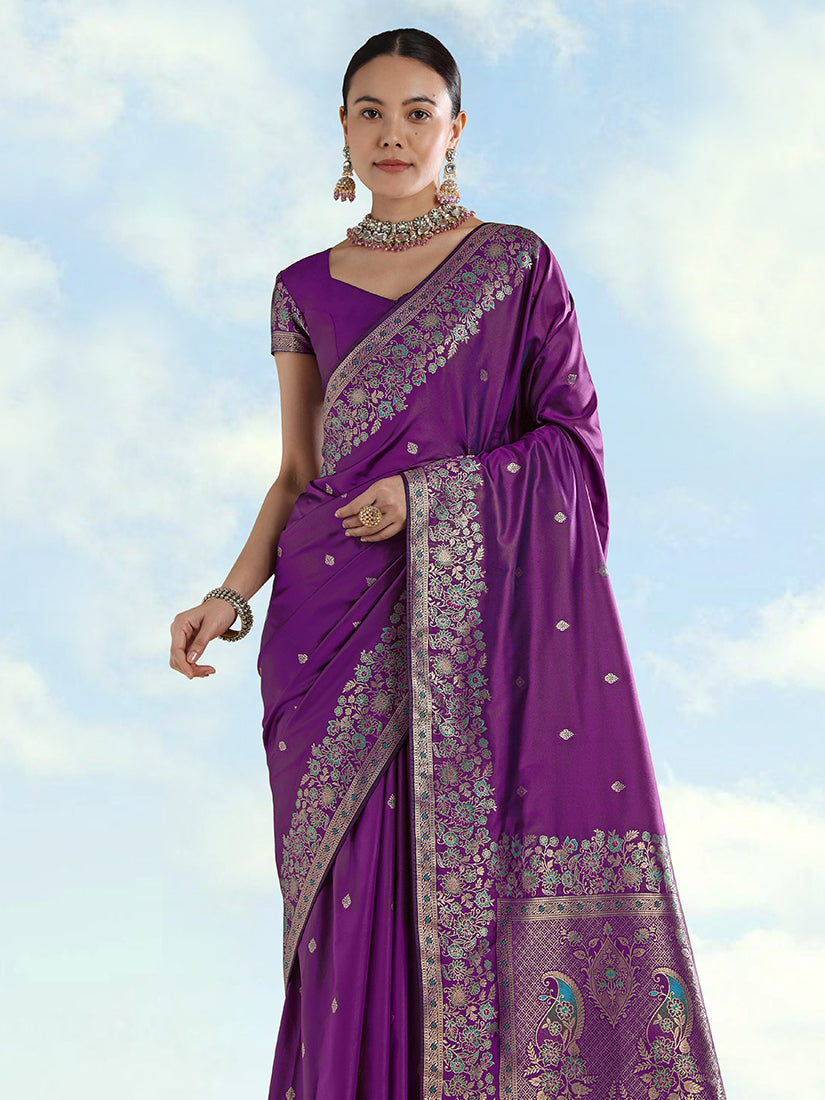 Purple Banarasi Satin Silk Saree with Zari Border and Butti Work
