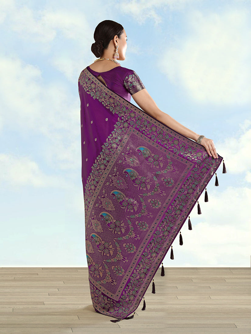 Purple Banarasi Satin Silk Saree with Zari Border and Butti Work