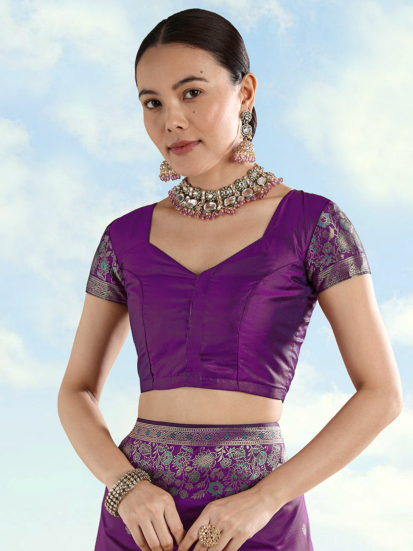 Purple Banarasi Satin Silk Saree with Zari Border and Butti Work