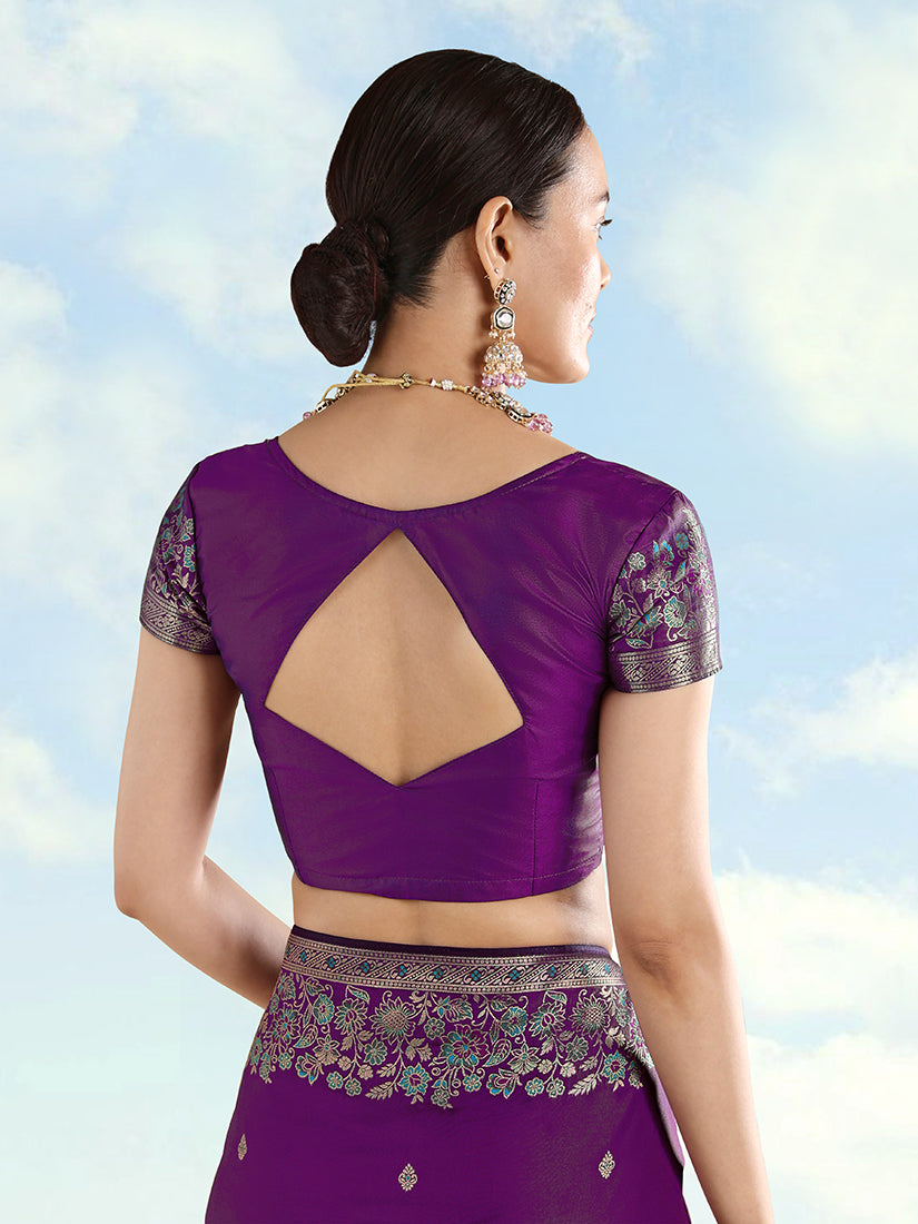 Purple Banarasi Satin Silk Saree with Zari Border and Butti Work