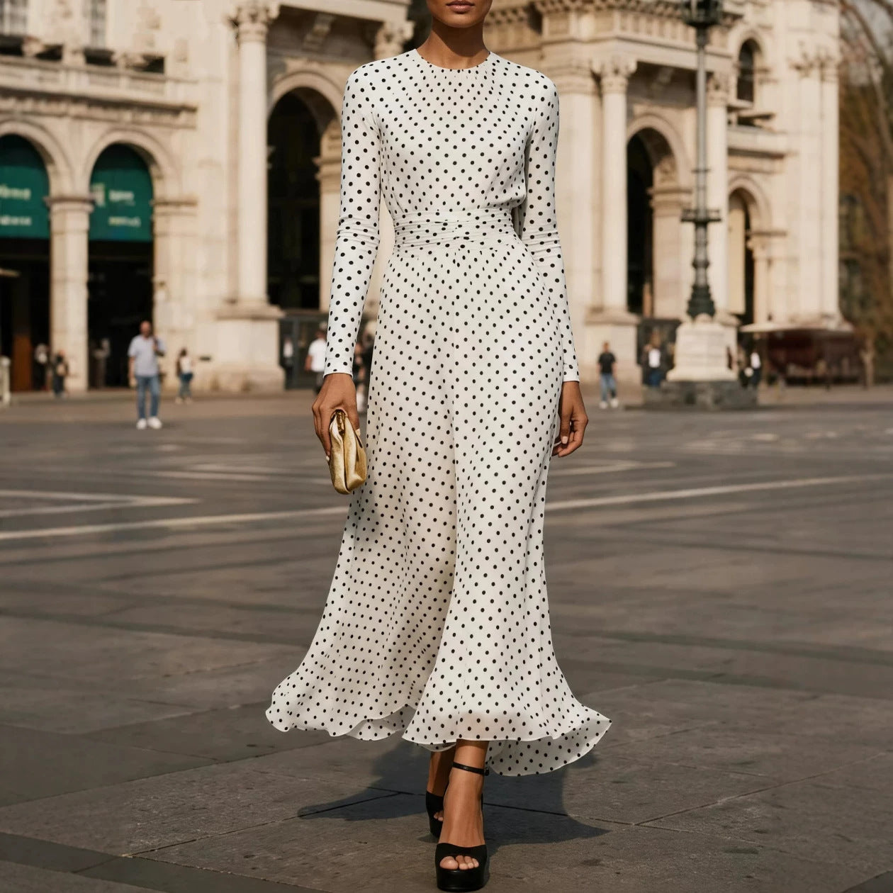 Polka Dot Sheath Dress Round Neck Long Sleeve Office Dress