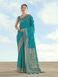 Turquoise Banarasi Satin Silk Saree with Zari Border and Butti Work
