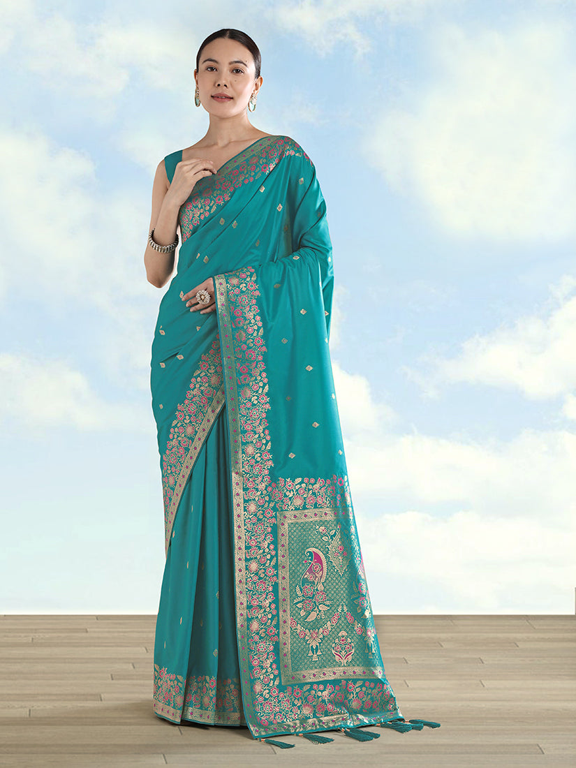 Vibrant turquoise Banarasi satin silk saree with intricate gold zari border and butti detail