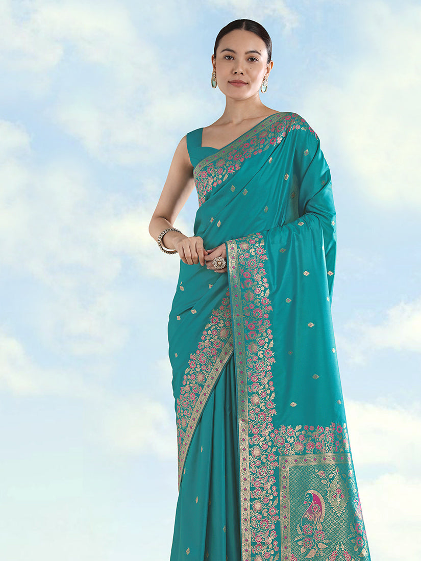 Turquoise Banarasi Satin Silk Saree with Zari Border and Butti Work