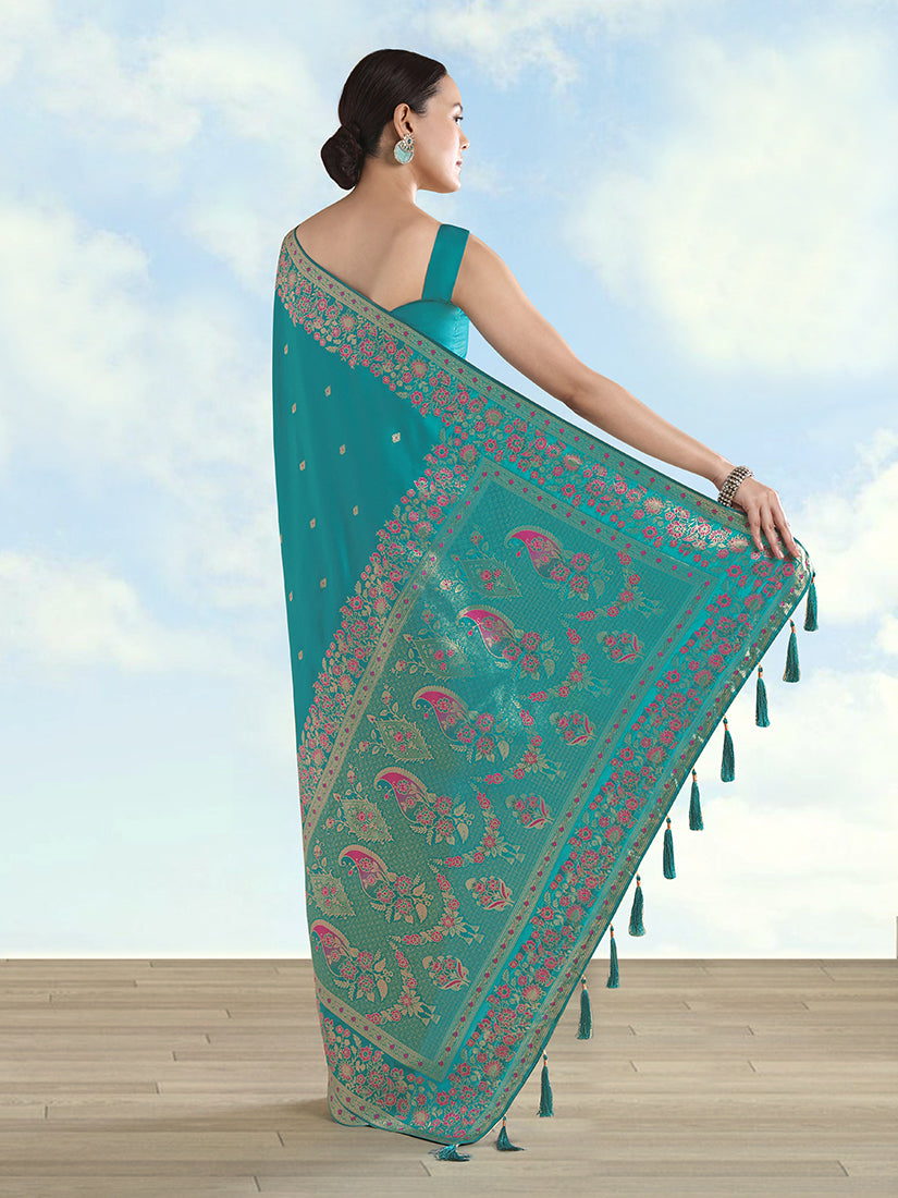 Turquoise Banarasi Satin Silk Saree with Zari Border and Butti Work