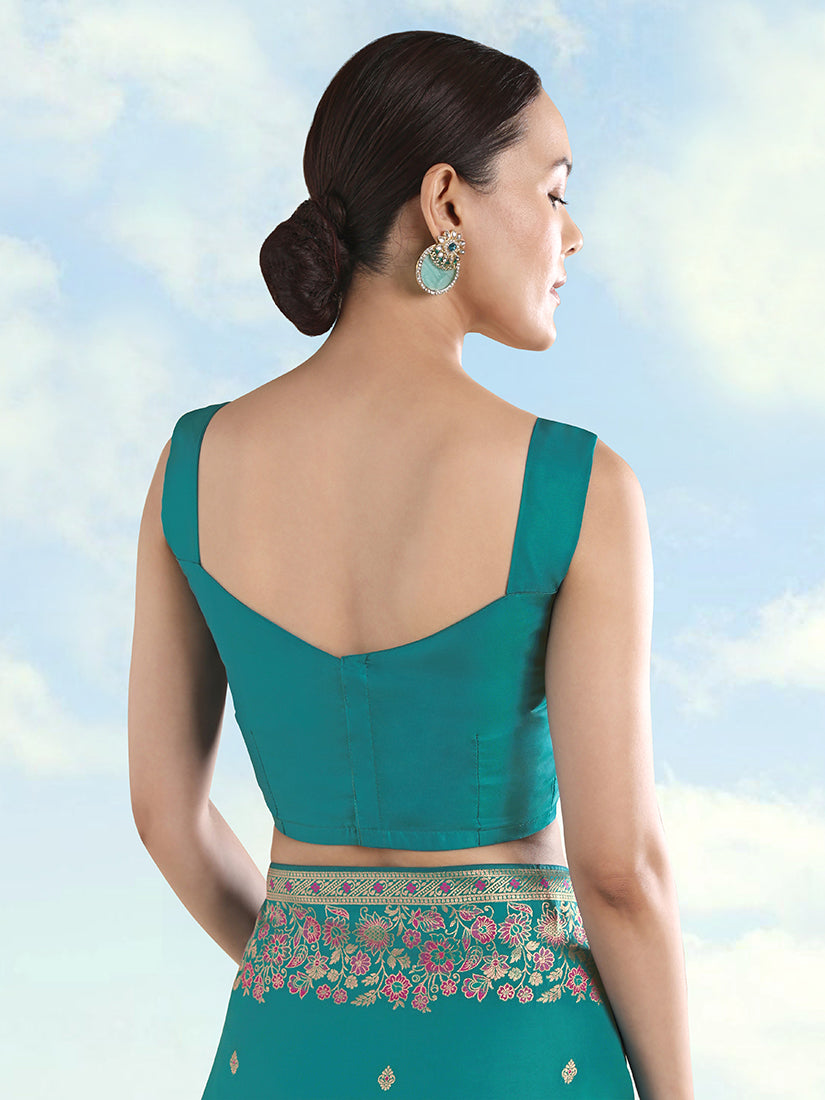 Turquoise Banarasi Satin Silk Saree with Zari Border and Butti Work