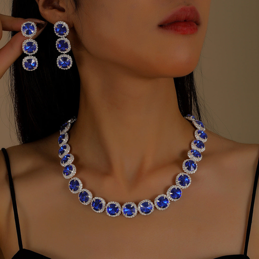 Cross-Border Hot-Selling Full Round Diamond Necklace Set Bridal Jewelry European And American Style Banquet Fashion Jewelry Set High-End
